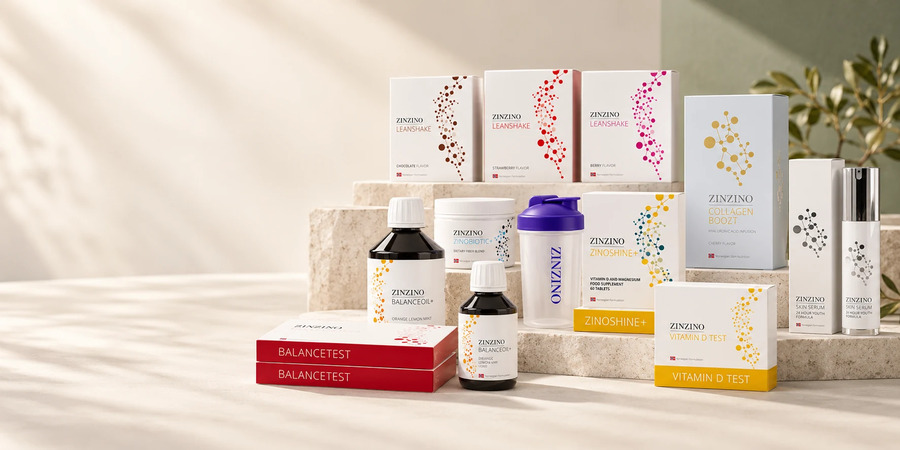Designová koláž produktů Zinzino: BalanceOil+, testy, LeanShake, ZinoBiotic+, vitaminy, kolagen a péče o pleť.